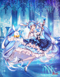 Rule 34 | 1girl, absurdly long hair, bare shoulders, blue dress, blue eyes, blue hair, cape, detached collar, detached sleeves, dress, frilled dress, frills, hair ornament, hatsune miku, highres, jewelry, kkuem, long hair, long sleeves, looking at viewer, musical note, open mouth, princess, puffy sleeves, rabbit, smile, solo, staff, strapless, tiara, twintails, very long hair, vocaloid, white legwear, yuki miku, yuki miku (2019)