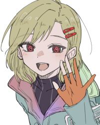 Rule 34 | 1other, antenna hair, aqua coat, blonde hair, coat, fingerless gloves, gloves, gnosia, hair between eyes, hair ornament, hairclip, looking at viewer, medium hair, other focus, red eyes, setsu (gnosia), short hair, simple background, smile, solo, turtleneck, user wahs4747, white background