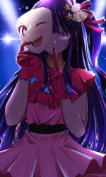 Rule 34 | 1girl, ;d, absurdres, backlighting, closed mouth, dress, finger to mouth, frilled gloves, frills, gloves, hair ornament, hair ribbon, highres, holding, holding mask, hoshino ai (oshi no ko), index finger raised, long hair, looking at viewer, mask, unworn mask, one eye closed, one side up, open mouth, oshi no ko, pink dress, pink eyes, pink gloves, purple eyes, purple hair, rabbit hair ornament, red gloves, removing mask, ribbon, rogomarebuteki, shushing, smile, solo, stage lights, standing, star-shaped pupils, star (symbol), star hair ornament, symbol-shaped pupils, upper body, very long hair