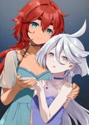 Rule 34 | 2girls, bare arms, bare shoulders, blue dress, blue eyes, breasts, cleavage, closed mouth, commentary request, dress, earrings, eyebrows hidden by hair, grey eyes, grey hair, gundam, gundam suisei no majo, hair between eyes, hand grab, hand on another&#039;s shoulder, highres, jewelry, long hair, looking at viewer, miorine rembran, multiple girls, natsume eri, parted lips, red hair, see-through, see-through sleeves, short eyebrows, short sleeves, sleeveless, sleeveless dress, small breasts, smile, suletta mercury, thick eyebrows, very long hair