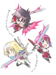 1girl 2boys ahoge black_hair blonde_hair blue_eyes breasts chibi destiny_gundam energy_sword gundam gundam_seed gundam_seed_destiny holding holding_sword holding_weapon impulse_gundam legend_gundam long_hair looking_at_viewer lunamaria_hawke mecha_pilot_suit mechanical_wings multiple_boys nagi_(exsit00) normal_suit open_mouth pilot_suit purple_hair red_eyes rey_za_burrel shinn_asuka short_hair sword weapon wings zaft_(gundam)