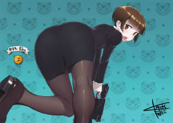 Rule 34 | 10s, 1girl, artist name, ass, ass focus, bent over, black pantyhose, blunt bangs, brown eyes, brown hair, formal, from behind, gun, highres, kneepits, looking at viewer, looking back, miniskirt, namaniku atk, open mouth, pantyhose, pantylines, pencil skirt, psycho-pass, shoes, short hair, signature, skirt, skirt suit, solo, suit, teeth, tsunemori akane, weapon