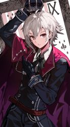 Rule 34 | 1boy, alchemaniac, belt, black coat, black gloves, black pants, black ribbon, buttons, cape, coat, collared shirt, commentary, cowboy shot, crown, double-breasted, english commentary, gloves, grey hair, hair between eyes, hand up, highres, idolish7, kujou tenn, long sleeves, looking at viewer, male focus, medium hair, neck ribbon, pants, parted lips, red belt, red cape, red eyes, ribbon, shirt, solo, standing, white shirt, wing collar