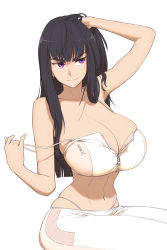 Rule 34 | 1girl, alternate eye color, arm up, bare shoulders, black hair, blunt bangs, breasts, cleavage, closed mouth, crop top, hair over shoulder, hand in own hair, highres, huge breasts, kill la kill, kiryuuin satsuki, kuroneko pantsu, long hair, looking to the side, navel, pants, panty straps, partially unzipped, purple eyes, sitting, smile, solo, stomach, strap pull, tank top, thick eyebrows, white background, white pants, white tank top, zipper, zipper pull tab
