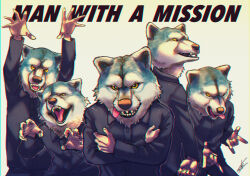 Rule 34 | 5boys, absurdres, black pants, black shirt, claw pose, commentary request, copyright name, crossed arms, dj santa monica (mwam), fangs, highres, jean-ken johnny (mwam), kamikami (1126kmkm), kamikaze boy (mwam), looking at viewer, male focus, man with a mission, multiple boys, pants, shirt, signature, spear rib (mwam), tokyo tanaka (mwam), tongue, tongue out, white background, wolf mask