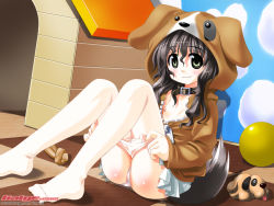 Rule 34 | 1girl, 2009, animal costume, ball, black hair, clothes pull, collar, feet, flat chest, galge.com, green eyes, nipples, panties, panty pull, pantyhose, pantyhose pull, solo, tail, umekichi, underwear, wallpaper
