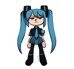 Rule 34 | 1girl, black footwear, black pantyhose, black shirt, blue eyes, blue hair, blue skirt, boots, closed mouth, collared shirt, crop top, full body, half-closed eyes, hatsune miku, high-waist skirt, highres, koi wa sensou (vocaloid), long hair, looking at viewer, necktie, pantyhose, paperisfood, pleated skirt, project diva, project diva (series), shirt, simple background, skirt, solo, standing, transparent background, twintails, v-shaped eyebrows, very long hair, vocaloid