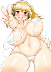 Rule 34 | 1girl, bikini, blonde hair, blush, bouncing breasts, breasts, front-tie bikini top, front-tie top, gotoshi, headphones, highres, huge breasts, jewelry, long hair, looking at viewer, navel, necklace, nitroplus, plump, red eyes, side-tie bikini bottom, skindentation, smile, solo, star (symbol), star necklace, strap gap, super pochaco, swimsuit, thick thighs, thighs, twintails, unaligned breasts, v, wardrobe malfunction, white bikini