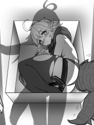Rule 34 | 2girls, ahoge, arknights, blush, box, crocodilian tail, earrings, from above, gavial (arknights), greenopi, greyscale, highres, in box, in container, jewelry, looking at viewer, lying, monochrome, multiple girls, on side, panties, pointy ears, scarf, shadow, short hair, tail, thick thighs, thighs, tomimi (arknights), topless, torn clothes, underwear