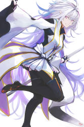 Rule 34 | 1girl, absurdres, ahoge, dress, fate/grand order, fate/grand order arcade, fate (series), full body, highres, holding, holding staff, long hair, merlin (fate/prototype), merlin (fate/prototype) (second ascension), messy hair, pleated skirt, pointy ears, purple eyes, simple background, skirt, solo, staff, thighhighs, very long hair, white background, white dress, white hair, wide sleeves