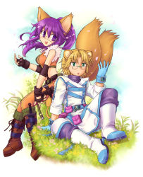 Rule 34 | 10s, 1boy, 1girl, animal ears, blonde hair, boots, fingerless gloves, fox (trickster), fox ears, fox tail, glasses, gloves, green eyes, knife, lion (trickster), midriff, nobody knows, pants, purple eyes, purple hair, sitting, tail, tight clothes, tight pants, trickster (ntreev soft)