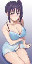 Rule 34 | 1girl, alp, bare shoulders, blue bra, blue panties, blush, bra, breast hold, breasts, chemise, cleavage, collarbone, highres, kazuno sarah, large breasts, lingerie, looking at viewer, love live!, love live! sunshine!!, panties, parted lips, purple eyes, purple hair, short hair, side ponytail, sitting, solo, spaghetti strap, surprised, underwear, underwear only