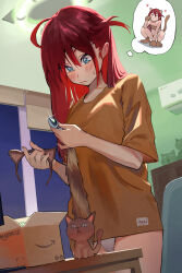 Rule 34 | 1girl, :3, ahoge, anal tail, animal ears, blue eyes, blush, box, brown shirt, butt plug, cardboard box, cat ears, cat paws, cat tail, ceiling light, closed mouth, fake animal ears, fake tail, glint, heart, highres, holding, indoors, long hair, no pants, one side up, original, panties, red hair, sex toy, shirt, short sleeves, solo, some1else45, squatting, tail, thought bubble, underwear, very long hair, white panties