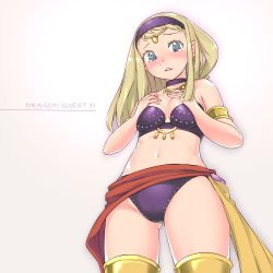 Rule 34 | 1girl, bikini, blonde hair, blue eyes, copyright name, dragon quest, dragon quest xi, harem outfit, highres, long hair, senya (dq11), simple background, solo, swimsuit, white background