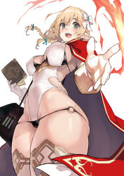Rule 34 | 1girl, bikini, black bikini, blonde hair, blue eyes, blush, breasts, elf, fire, highres, kekemotsu, large breasts, leotard, long hair, looking at viewer, magic, open mouth, original, outstretched arm, pointy ears, simple background, smile, solo, swimsuit, thighs, white background, white leotard