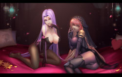 Rule 34 | 2girls, all fours, armor, ass, bare shoulders, bed, bodysuit, breasts, choker, cleavage, come hither, d.sum, elbow gloves, fate/grand order, fate/stay night, fate (series), female focus, gloves, glowing, glowing eyes, highres, large breasts, leotard, long hair, looking at viewer, lying, medusa (fate), medusa (rider) (fate), multiple girls, on side, open mouth, pantyhose, pink hair, purple eyes, purple hair, red eyes, scathach (fate), shiny clothes, skin tight, smile, type-moon, veil, very long hair