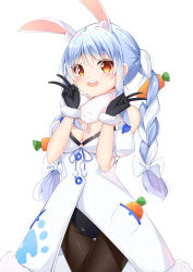Rule 34 | 1girl, absurdres, animal ear fluff, animal ears, bad id, bad pixiv id, bare shoulders, black gloves, black pantyhose, blue hair, blush, braid, breasts, carrot, carrot hair ornament, catnnn, cleavage, commentary request, double v, food-themed hair ornament, gloves, hair ornament, highres, hololive, leotard, long hair, looking at viewer, multicolored hair, open mouth, pantyhose, playboy bunny, rabbit ears, rabbit girl, simple background, solo, twin braids, two-tone hair, usada pekora, usada pekora (1st costume), v, virtual youtuber, white background, white hair