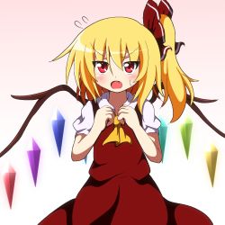 Rule 34 | 1girl, ascot, blonde hair, blush, do (4-rt), dress, fang, female focus, flandre scarlet, hair ribbon, hands on own chest, looking at viewer, no headwear, no headwear, open mouth, puffy sleeves, red dress, red eyes, ribbon, shirt, short sleeves, side ponytail, solo, sweat, touhou, wings