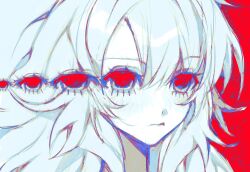 1girl empty_eyes extra_eyes faust_(nonsensemanna) highres limited_palette long_hair looking_to_the_side nonsensemanna original portrait red_background red_eyes repetition sidelocks solo white_hair