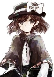 Rule 34 | 1girl, black hat, black skirt, book, bow, brown capelet, brown eyes, brown hair, buttons, capelet, closed mouth, crescent, crescent-shaped pupils, hat, hat bow, highres, holding, holding book, shirt, short hair, simple background, skirt, smile, solo, star-shaped pupils, star (symbol), symbol-shaped pupils, symbol in eye, tama (hiroshige 36), touhou, usami renko, white background, white bow, white shirt