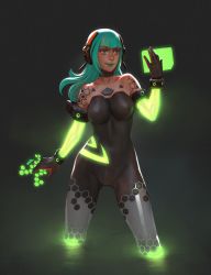 Rule 34 | 1girl, animated, animated gif, armband, blunt bangs, bodysuit, breasts, choker, elbow gloves, female focus, gloves, glowing, graphics card, green eyes, green hair, green lips, gui guimaraes, headphones, holographic interface, large breasts, lipstick, long hair, makeup, matching hair/eyes, neon trim, nvidia, personification, skin tight, smile, solo, strapless, wading