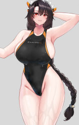 Rule 34 | 1girl, arm behind head, arm up, armpits, bare shoulders, black hair, black one-piece swimsuit, black wyrm (last origin), blush, braid, braided ponytail, breasts, collarbone, covered navel, grin, hair ornament, hayabusa, highleg, highleg swimsuit, highres, large breasts, last origin, long hair, looking at viewer, one-piece swimsuit, original, red eyes, sideboob, smile, solo, swimsuit, thighs, very long hair, wet
