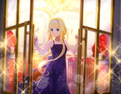 Rule 34 | 1girl, alice zuberg, bare arms, blonde hair, blue eyes, blurry, blurry background, bow, braid, braided ponytail, collarbone, dress, floating hair, from outside, game cg, hair bow, hair intakes, lens flare, long hair, open mouth, ponytail, purple dress, sleeveless, sleeveless dress, solo, spaghetti strap, standing, sword art online, very long hair, white bow