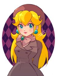 Rule 34 | 1girl, arm behind back, black dress, black shirt, blonde hair, blue eyes, bow, bowtie, closed mouth, dress, earrings, hat, highres, jewelry, long hair, looking at viewer, mario (series), nintendo, nonoworks, princess peach, princess peach (wintertime), shirt, smile, solo, super mario odyssey