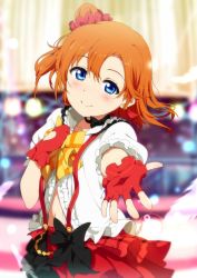 Rule 34 | 10s, 1girl, bad id, bad twitter id, blue eyes, blush, bokura wa ima no naka de, fingerless gloves, frills, gloves, hand on own chest, kosaka honoka, looking at viewer, love live!, love live! school idol project, navel, ogipote, orange hair, outstretched hand, red gloves, short hair, side ponytail, skirt, smile, solo