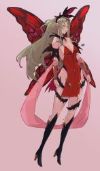 Rule 34 | 1girl, alternate costume, alternate hairstyle, bare shoulders, boots, bracelet, breasts, butterfly wings, cleavage, collarbone, commentary, cosplay, dress, english commentary, fairy wings, fire emblem, fire emblem awakening, fire emblem heroes, floating hair, green eyes, green hair, hair ornament, high heel boots, high heels, highres, insect wings, jewelry, long hair, looking at viewer, medium breasts, nintendo, parted lips, pelvic curtain, pink ribbon, plant, plumeria (fire emblem), plumeria (fire emblem) (cosplay), pointy ears, red dress, ribbon, sakuremi, short dress, signature, simple background, smile, solo, strapless, strapless dress, teeth, thorns, tiki (adult) (fire emblem), tiki (fire emblem), vines, wings