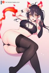 Rule 34 | 1girl, artist name, ass, black hair, breasts, cameltoe, cat bra, cat cutout, cat lingerie, cleavage cutout, clothing cutout, en&#039;en no shouboutai, fire, looking at viewer, lying, medium breasts, meme attire, nanoless, navel, open mouth, solo, stomach, tamaki kotatsu, thighhighs, thighs, twintails, yellow eyes