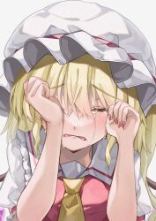 Rule 34 | 1girl, ascot, blonde hair, blush, breasts, collared shirt, commentary, crying, crystal, flandre scarlet, frilled shirt collar, frilled sleeves, frills, hair between eyes, hat, hat ribbon, highres, mahoro (minase mahoro), medium hair, nail polish, open mouth, puffy short sleeves, puffy sleeves, red nails, red ribbon, red vest, ribbon, rubbing eyes, shirt, short sleeves, sleeve ribbon, small breasts, sobbing, solo, touhou, upper body, vest, white background, white hat, white shirt, wings, yellow ascot