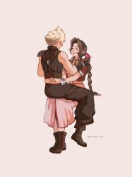 Rule 34 | 1boy, 1girl, aerith gainsborough, armor, arms around waist, baggy pants, bangle, belt, blonde hair, boots, bracelet, brown hair, choker, closed eyes, cloud strife, cropped jacket, dress, final fantasy, final fantasy vii, full body, hair ribbon, hand on another&#039;s shoulder, highres, jacket, jewelry, long dress, long hair, pants, parted bangs, pink background, pink dress, pink ribbon, red jacket, ribbon, ribbon choker, short hair, short sleeves, shoulder armor, sitting, sitting on lap, sitting on person, sleeveless, sleeveless turtleneck, smile, softp3ach, spiked hair, suspenders, turtleneck, twitter username