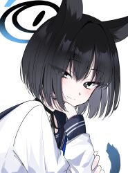 Rule 34 | 1girl, animal ears, black eyes, black hair, blue archive, bob cut, cat ears, cat tail, commentary, halo, head on hand, head rest, highres, ichiki 1, kikyou (blue archive), looking at viewer, sailor collar, school uniform, serafuku, solo, string around neck, tail, white background