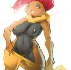 Rule 34 | 1girl, breasts, creatures (company), game freak, gen 5 pokemon, l1zardman, looking at viewer, nintendo, pokemon, pokemon (creature), red hair, scrafty, solo, thick thighs, thighs, topless, undressing