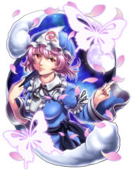 Rule 34 | 1girl, alvares, arm ribbon, aura, breasts, bug, butterfly, folded fan, collar, hand fan, fingernails, folding fan, frilled collar, frilled hat, frilled shirt collar, frills, full moon, glowing, glowing butterfly, hat, highres, hitodama, bug, large breasts, lips, long sleeves, looking up, mob cap, moon, neck, night, night sky, nose, petals, pink hair, pointing, purple hair, red eyes, ribbon, ribbon-trimmed collar, ribbon trim, saigyouji yuyuko, sky, solo, star (sky), starry sky, touhou, triangular headpiece, white background, wide sleeves