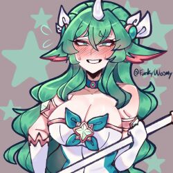 Rule 34 | 1girl, bare shoulders, blush, breasts, cleavage, elbow gloves, gem, gloves, green eyes, green hair, grin, hair between eyes, hair ornament, holding, holding staff, horns, junko (funkywoomy), large breasts, league of legends, long hair, single horn, smile, solo, soraka (league of legends), staff, star (symbol), star guardian (league of legends), star guardian soraka, sweat, teeth, white gloves