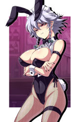 Rule 34 | 1girl, alternate costume, animal ears, arm strap, bare shoulders, black nails, blush, bow, bowtie, braid, breasts, cleavage, covered navel, fishnet pantyhose, fishnets, highres, izayoi sakuya, large breasts, leotard, maid headdress, multiple girls, nail polish, pantyhose, playboy bunny, rabbit ears, rabbit tail, red eyes, short hair, silver hair, solo, sweat, tail, thigh strap, touhou, touya (the-moon), twin braids, wrist cuffs
