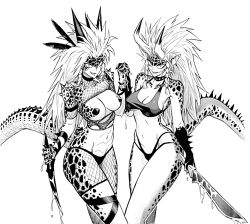 Rule 34 | 2girls, bra, breasts, cleavage, dagger, feathers, fishnets, horns, knife, reptile girl, lizard tail, long hair, monochrome, monster girl, multiple girls, murata yuusuke, official art, one-punch man, panties, poison, raptora, reptera, reverse grip, scales, tail, underwear, weapon