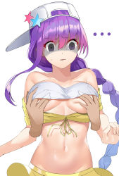 Rule 34 | ..., 1girl, backwards hat, bandeau, bare shoulders, baseball cap, bb (fate), bb (fate) (all), bb (swimsuit mooncancer) (fate), bb (swimsuit mooncancer) (first ascension) (fate), breasts, cropped jacket, disembodied hand, fate/grand order, fate (series), grabbing, grabbing another&#039;s breast, hat, hat ornament, highres, jacket, large breasts, long hair, navel, parted lips, purple eyes, purple hair, shaded face, simple background, star (symbol), star hat ornament, tsukise miwa, very long hair, white background, white headwear, yellow jacket