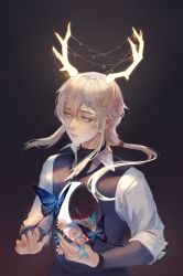 Rule 34 | 1boy, antlers, black background, blue butterfly, bug, butterfly, closed mouth, commentary, commission, constellation, crescent moon, fuwaffy, gradient background, grey hair, hair between eyes, highres, horns, insect, lips, long hair, long sleeves, male focus, moon, nose, original, solo, ven (hamsphrey)