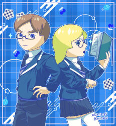 1boy 1girl animification blonde_hair blue_background blue_eyes blue_necktie blue_skirt book brown_hair collared_shirt formal_clothes glasses grid_background guest_mii hand_on_own_hip highres holding holding_book jacket long_hair long_sleeves looking_at_viewer mii_(nintendo) miitaku necktie nintendo open_mouth pants pleated_skirt reading school_uniform shirt short_hair skirt star_(symbol) thighhighs white_shirt