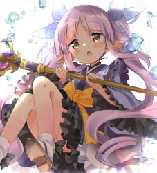 Rule 34 | 1girl, bad id, bad twitter id, blush, chestnut mouth, dress, frilled dress, frills, hair ribbon, highres, hizuki yayoi, holding, holding weapon, kyouka (princess connect!), long hair, long sleeves, open mouth, pointy ears, princess connect!, purple hair, ribbon, sandals, sash, sidelocks, simple background, socks, solo, twintails, water, water drop, weapon, white background, white socks, wide sleeves, yellow eyes, zouri