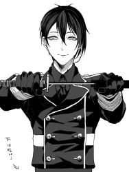 Rule 34 | 10s, 1boy, alternate costume, buttons, double-breasted, drawing sword, gloves, greyscale, holding, holding sword, holding weapon, katana, male focus, mikazuki munechika, military, military uniform, monochrome, necktie, sheath, simple background, smile, solo, sword, touken ranbu, translation request, uniform, unsheathing, upper body, weapon, white background, zuwai kani