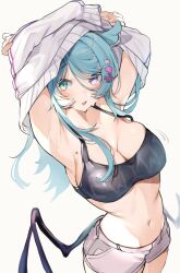 Rule 34 | 1girl, aqua eyes, armpits, arms up, blue hair, bra, breasts, cleavage, clothes lift, commentary, cowboy shot, dragon girl, elira pendora, english commentary, english text, fang, from above, hair ornament, head wings, heterochromia, highres, large breasts, long hair, looking at viewer, low wings, midriff, mole, mole on breast, navel, nijisanji, nijisanji en, oimo 0imo, open mouth, purple eyes, short shorts, shorts, simple background, skin fang, solo, sweater, sweater lift, swept bangs, underwear, undressing, virtual youtuber, white background, white sweater, wings, x hair ornament