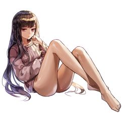 Rule 34 | 1girl, ass, bare legs, barefoot, black hair, bottomless, closed mouth, collarbone, eyelashes, frown, full body, highres, kim eb, leaning back, long hair, long sleeves, looking at viewer, no pants, original, red eyes, shade, simple background, sitting, solo, sweater, very long hair, white background