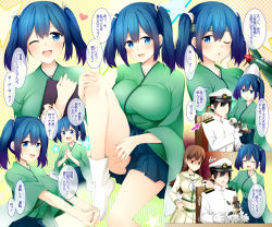 Rule 34 | 10s, 1boy, 2girls, :&lt;, :o, ;d, ;o, ^ ^, admiral (kancolle), aircraft, arrow (symbol), aura, blue eyes, blue hair, blue skirt, blush, breasts, brown hair, character doll, closed eyes, closed eyes, faceless, faceless male, green kimono, hair between eyes, hair ribbon, hand on own hip, hand on own knee, hat, headband, heart, interlocked fingers, japanese clothes, jewelry, jitome, kantai collection, kimono, large breasts, leg up, long hair, long sleeves, looking at viewer, military, military hat, military uniform, multiple girls, navel, neckerchief, one eye closed, ooi (kancolle), open mouth, own hands together, peaked cap, pleated skirt, remodel (kantai collection), ribbon, ring, rui shi (rayze ray), scared, school uniform, serafuku, sitting, skirt, smile, socks, souryuu (kancolle), star (symbol), stretching, tabi, translation request, trembling, triangle mouth, twintails, uniform, wedding band, white legwear, wide sleeves