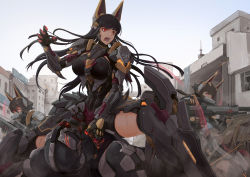 Rule 34 | 1boy, 3girls, absurdres, angry, animal ears, armor, assault rifle, black hair, breasts, claw (weapon), claw pose, commentary request, fake animal ears, fangs, glowing, glowing eyes, gun, headgear, highres, large breasts, long hair, mask, mecha musume, multiple girls, open mouth, original, red eyes, rifle, ruins, science fiction, short hair, shou mai, sitting, sitting on person, war, weapon