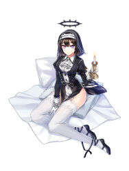 Rule 34 | 1girl, absurdres, ankle ribbon, ascot, bai winchester, belt, between legs, black belt, black dress, black footwear, black hair, black halo, black headwear, black ribbon, blanket, breasts, candle, candlestand, closed mouth, closers, coif, collared shirt, compass rose halo, dress, fire, full body, garter straps, gloves, habit, halo, hand between legs, hand up, heterochromia, highres, holding, holding candle, impossible clothes, impossible dress, juliet sleeves, lace, lace-trimmed thighhighs, leg ribbon, long sleeves, looking at viewer, mary janes, medium breasts, nun, official art, on pillow, pelvic curtain, pillow, pink eyes, puffy sleeves, purple eyes, ribbon, shirt, shoes, short hair, sitting, sitting on pillow, smile, solo, tachi-e, thighhighs, white ascot, white background, white gloves, white shirt, white thighhighs, wing collar, yokozuwari, zettai ryouiki
