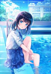 Rule 34 | 1girl, :o, bad feet, bad id, bad pixiv id, bare legs, barefoot, black hair, blue bow, blue bowtie, blue eyes, blue skirt, blue sky, blush, bow, bowtie, building, cloud, commentary, fence, foot out of frame, highres, knee up, looking at viewer, open mouth, original, outdoors, plaid, plaid skirt, pleated skirt, pool, pool ladder, shirt, short hair, sidelocks, skirt, sky, sleeves rolled up, soaking feet, solo, ssum (ehf dustk), symbol-only commentary, tree, water, water drop, white shirt